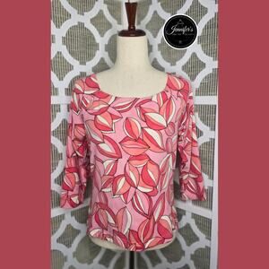 Talbots Petites Pink Geometric 3/4 Sleeve Boat Neck Knit Top Size Medium